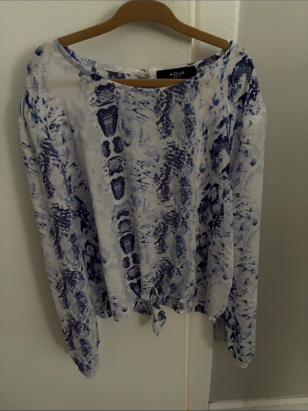 Aqua White and Blue Printed Tie-Front Long-Sleeve Blouse